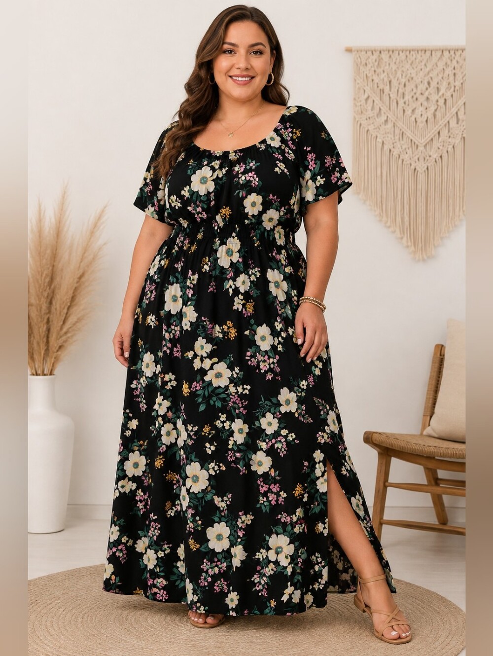 🌸 Liberty Love 3XL Black Floral Maxi Dress Boho Cottagecore